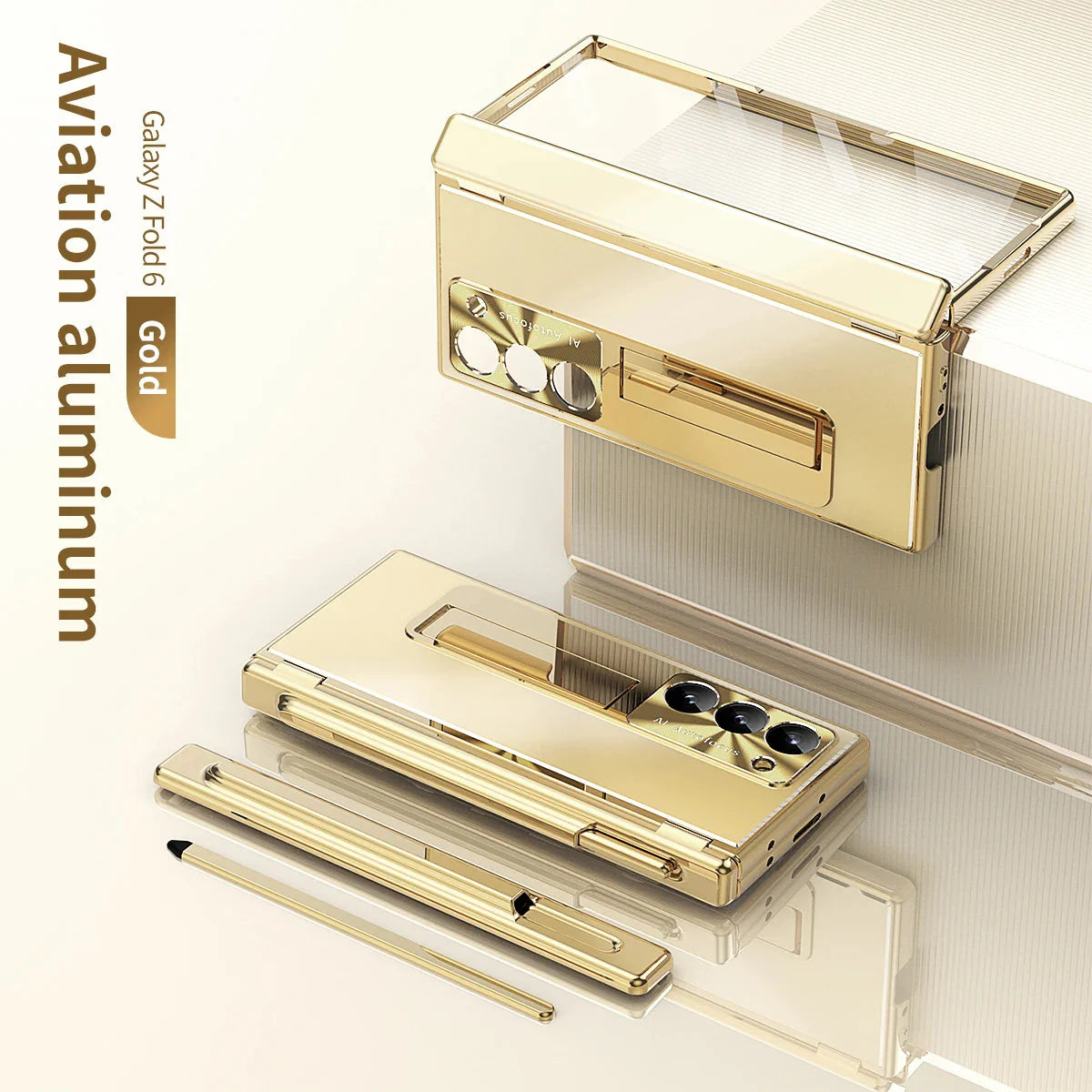 Metal Alloy Z Fold 6, 5 Pen slot, Kickstand Soft Case