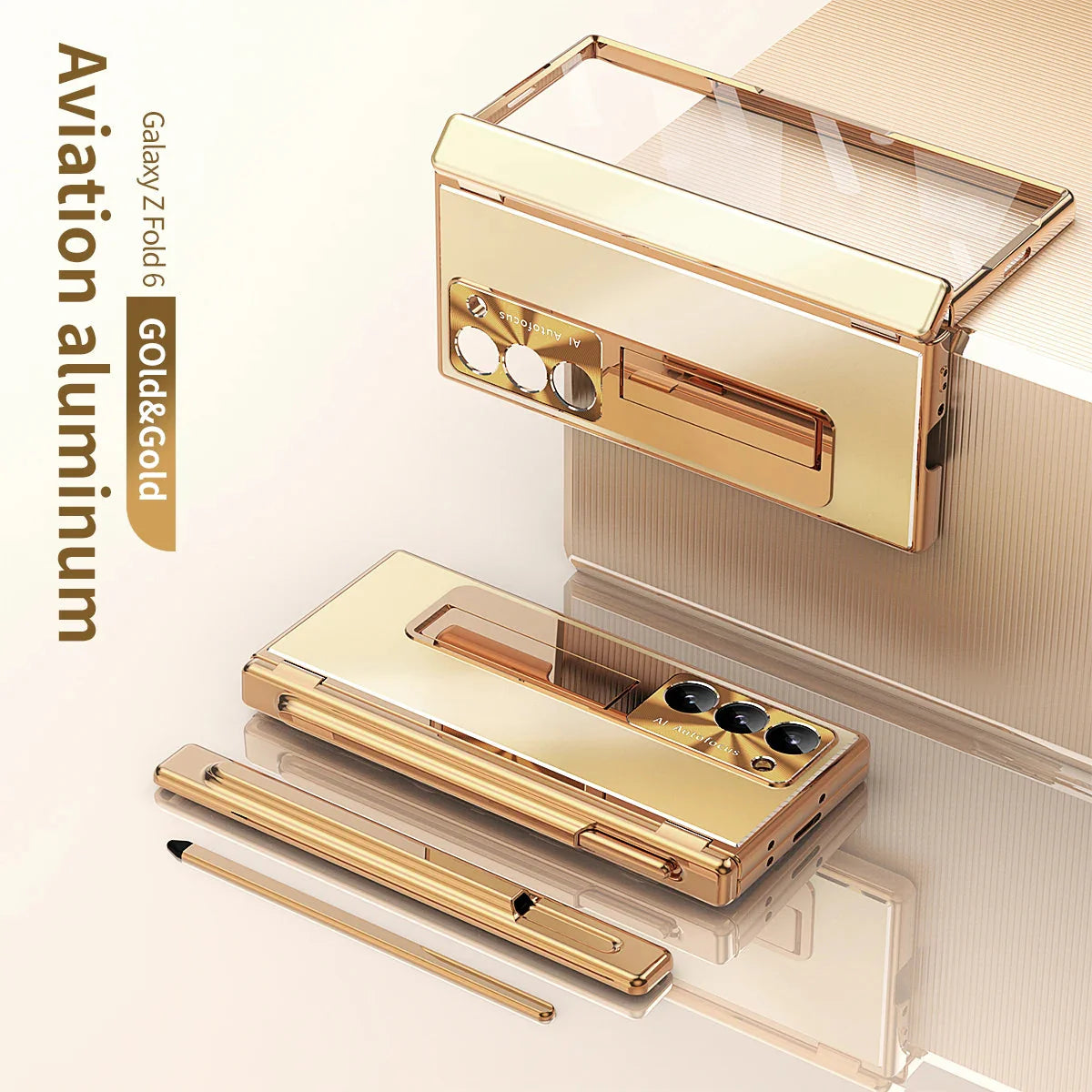 Metal Alloy Z Fold 6, 5 Pen slot, Kickstand Soft Case