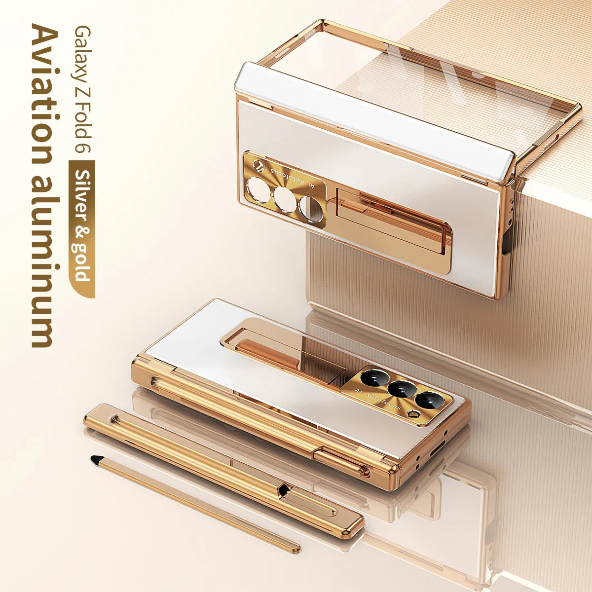 Metal Alloy Z Fold 6, 5 Pen slot, Kickstand Soft Case