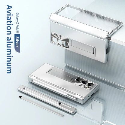 Metal Alloy Z Fold 6, 5 Pen slot, Kickstand Soft Case