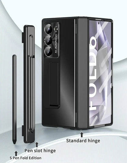 Metal Alloy Z Fold 6, 5 Pen slot, Kickstand Soft Case